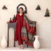 Model in maroon embroidered kurta with matching dupatta.